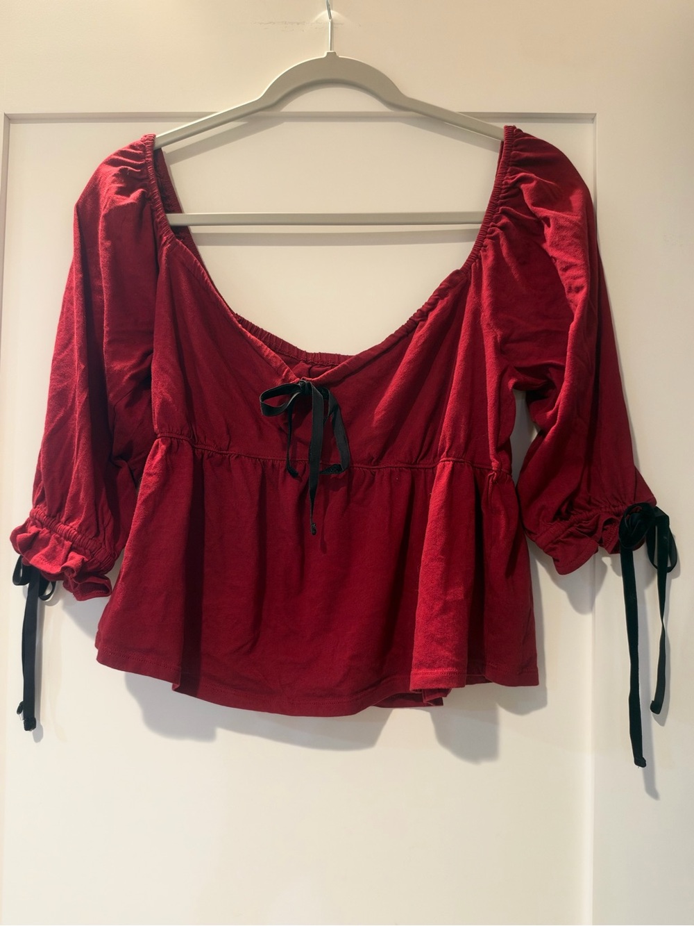 American Eagle Burgundy Peasant Babydoll Top Velvet Bow Tie Size L